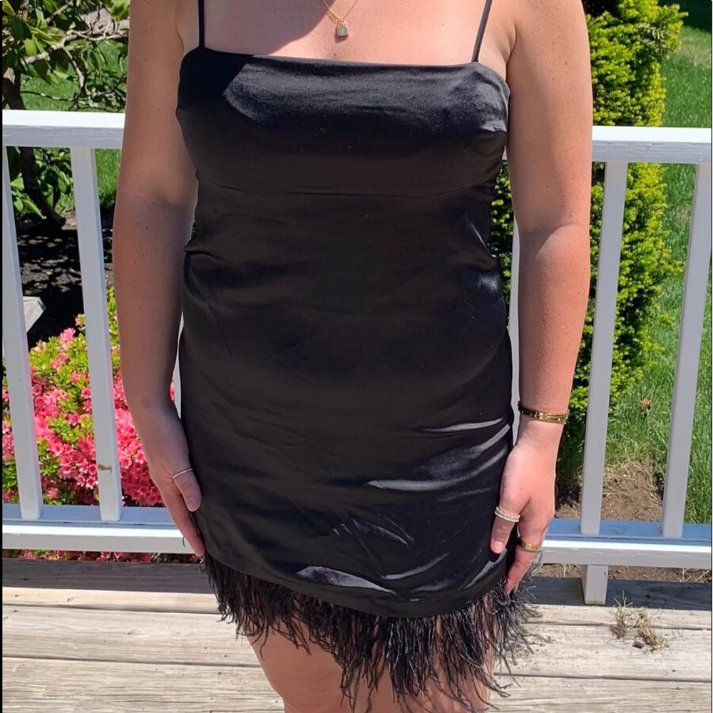 Black satin mini dress w/ feathers